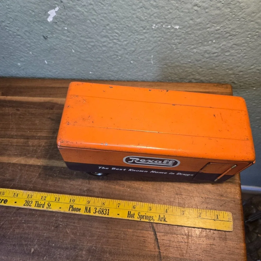 vtg 50s Pressed Tin Litho Rexall Truck Toy Trailer drug store advertising read